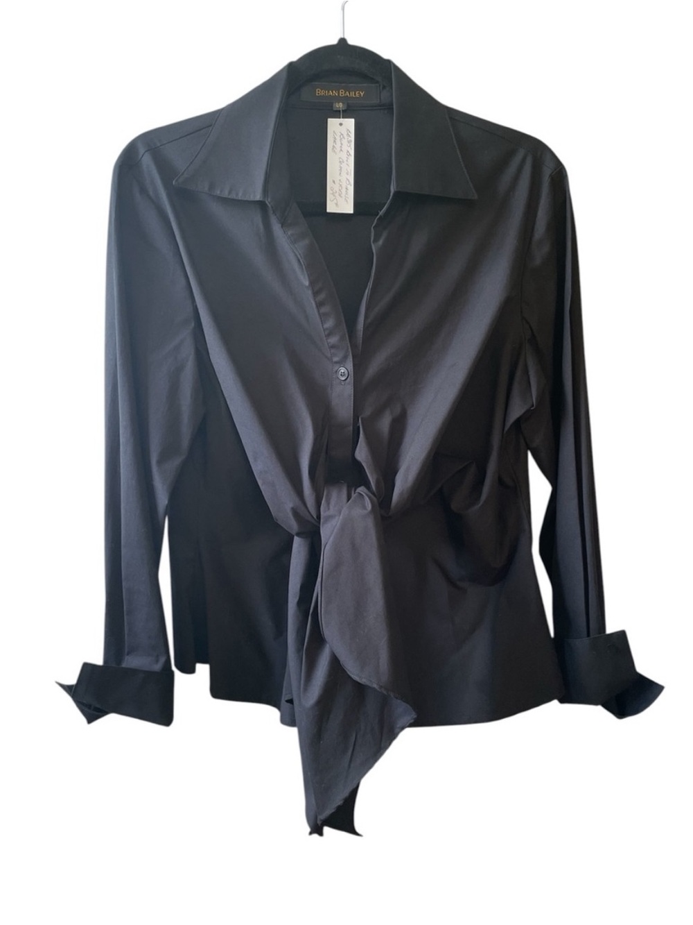 BRIAN BAILEY Cotton Draped Long-Sleeve Tie-Front Button Front Blouse Black L